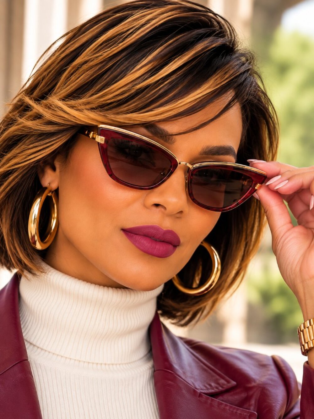 Women's Burgundy Brown Cat Eye Sunglasses Gold Trim Retro Fashion Shades